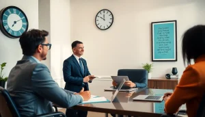 Headhunter engaged in a conversation in a professional office setting.