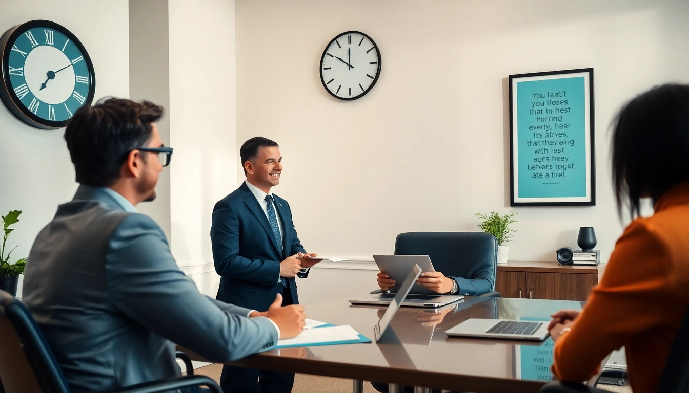 Headhunter engaged in a conversation in a professional office setting.
