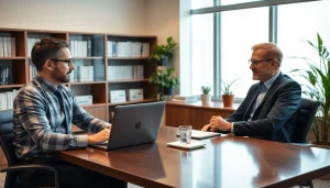 Headhunter IT bei einem Interview im modernen Büro, fokussiert und professionell.