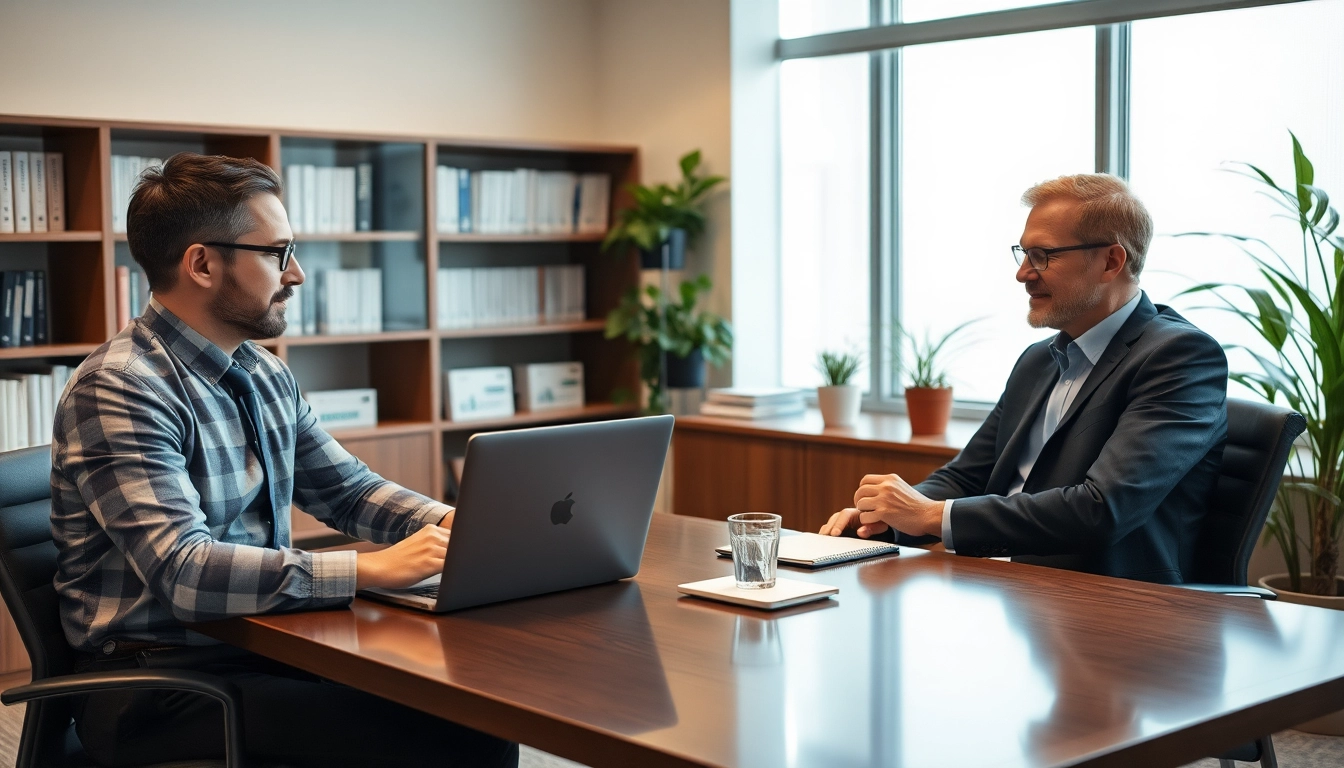 Headhunter IT bei einem Interview im modernen Büro, fokussiert und professionell.