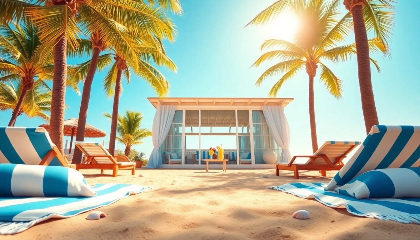 Entspanne am coastal cabana mit Blick auf den sonnigen Strand.