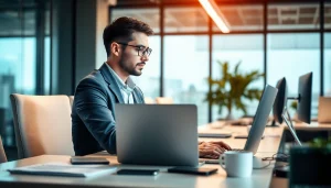 Headhunter IT im modernen Büro, fokussiert auf Laptop, Notizen und Gadgets.