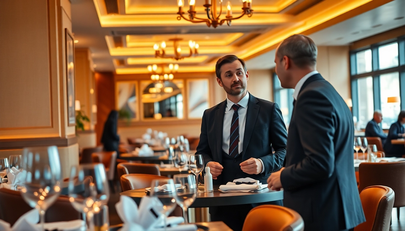 Headhunter Gastronomie: Ein Headhunter im Gespräch mit einem Restaurantleiter in einem stilvollen Restaurant.