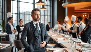 Headhunter Gastronomie in einem eleganten Restaurant, beim Dialog mit Köchen und Managern.