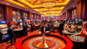 Players enjoying the excitement of gaming at TT88's luxurious casino, with roulette and slot machines.