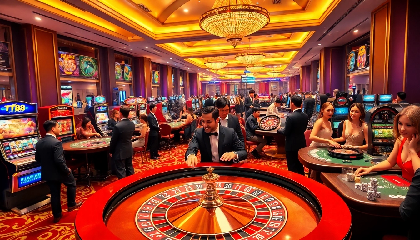 Players enjoying the excitement of gaming at TT88's luxurious casino, with roulette and slot machines.