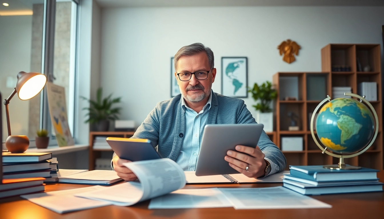 Professionelle beglaubigte Übersetzer arbeiten in einem modernen Büro, umgeben von mehrsprachigen Dokumenten und Werkzeugen.