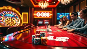 Gambler engaged at the GG88 poker table with chips and cards, showcasing a professional casino experience.