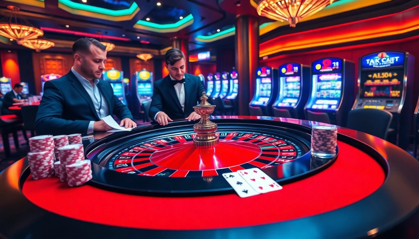 Engage in thrilling gameplay with professional gamblers at a roulette table at https://topclub.site/, featuring poker chips and cards.