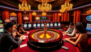 Cảnh sòng bạc theo chủ đề LUCK8 và LUCKY8, gồm vòng roulette, bàn poker và máy đánh bạc đầy màu sắc.