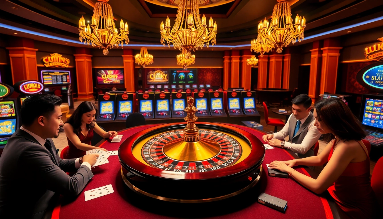 Cảnh sòng bạc theo chủ đề LUCK8 và LUCKY8, gồm vòng roulette, bàn poker và máy đánh bạc đầy màu sắc.