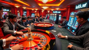 Cảnh casino hấp dẫn với các cược thủ chuyên nghiệp tại bàn cược và máy đánh bạc, làm nổi bật luck8.net.