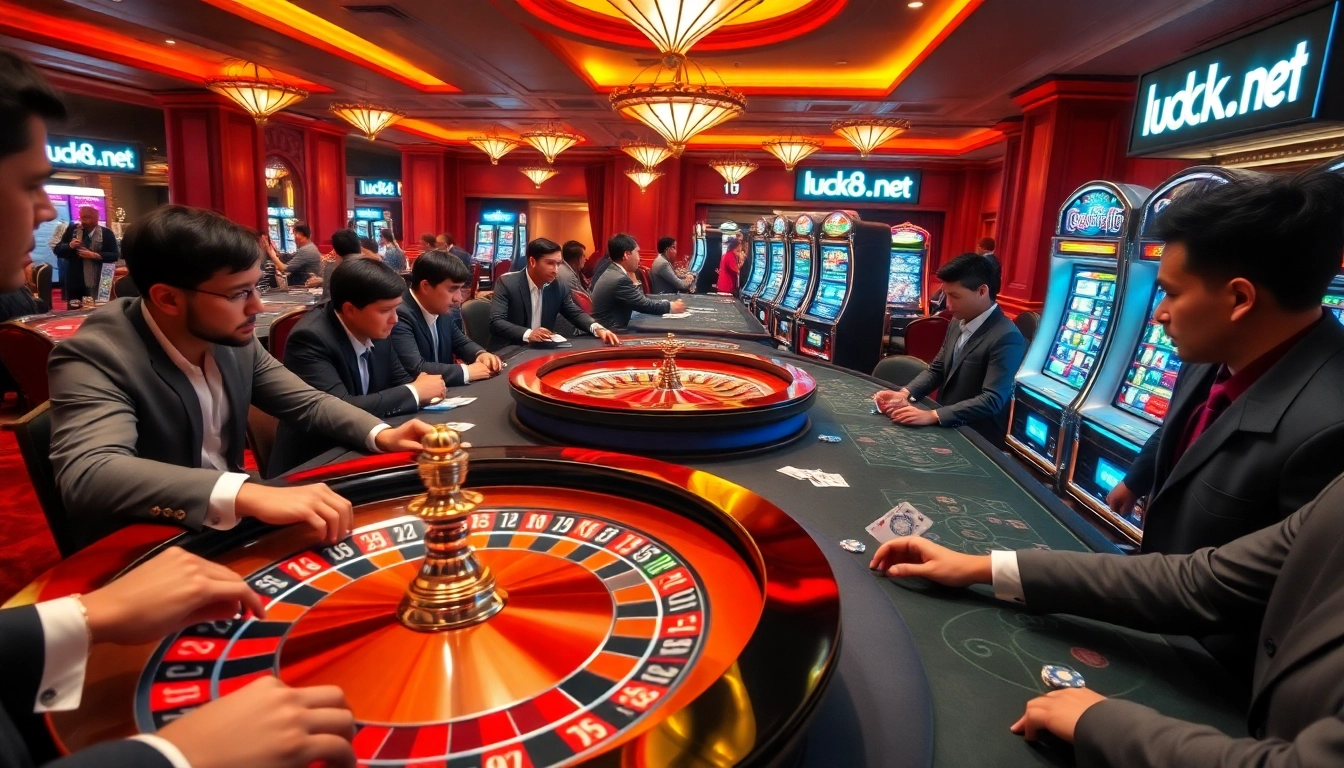 Cảnh casino hấp dẫn với các cược thủ chuyên nghiệp tại bàn cược và máy đánh bạc, làm nổi bật luck8.net.