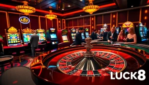 Cảnh sống động đầy hứng khởi tại casino, nổi bật logo LUCK8 kèm các quân bài poker và bàn roulette.