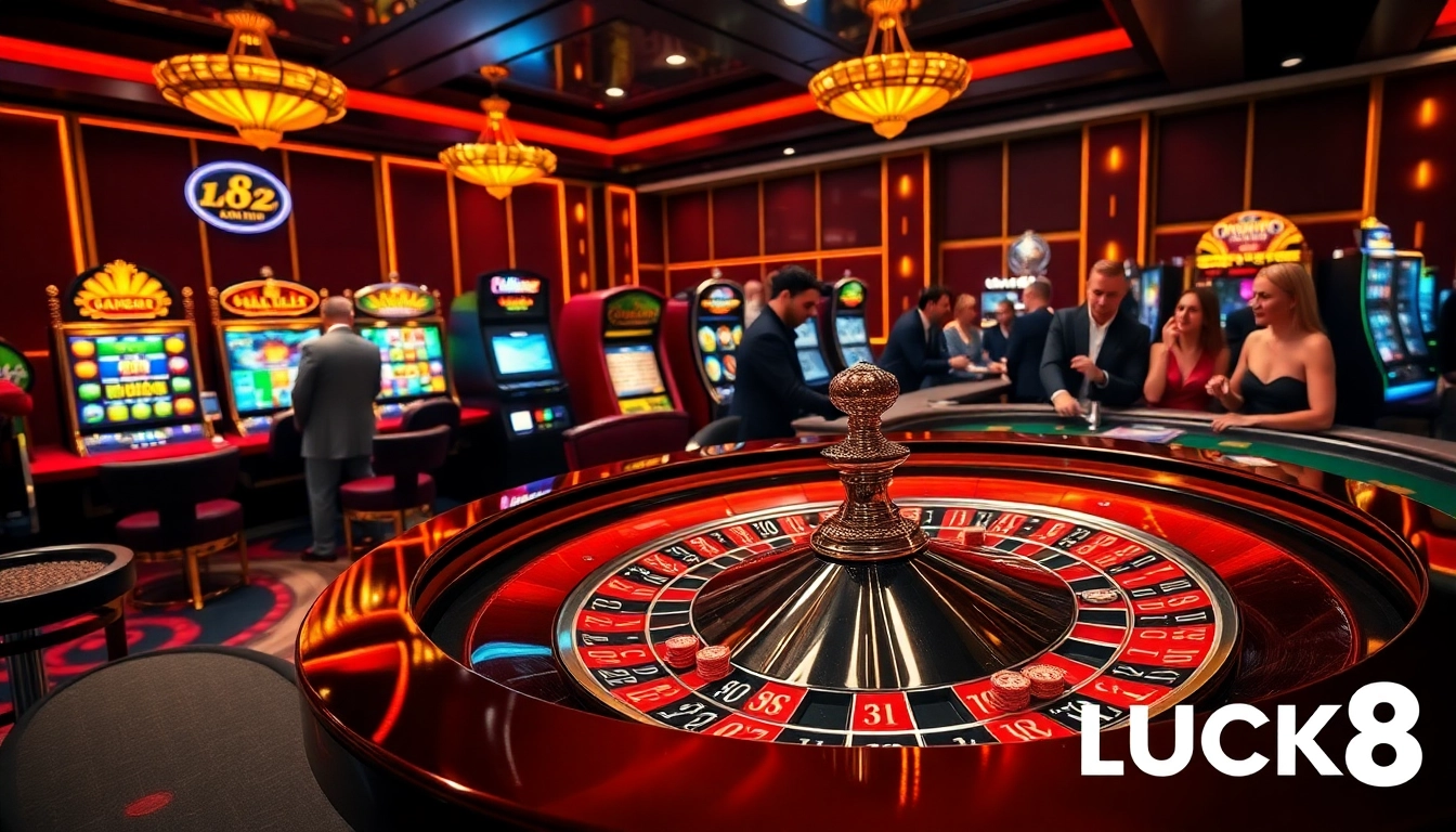 Cảnh sống động đầy hứng khởi tại casino, nổi bật logo LUCK8 kèm các quân bài poker và bàn roulette.