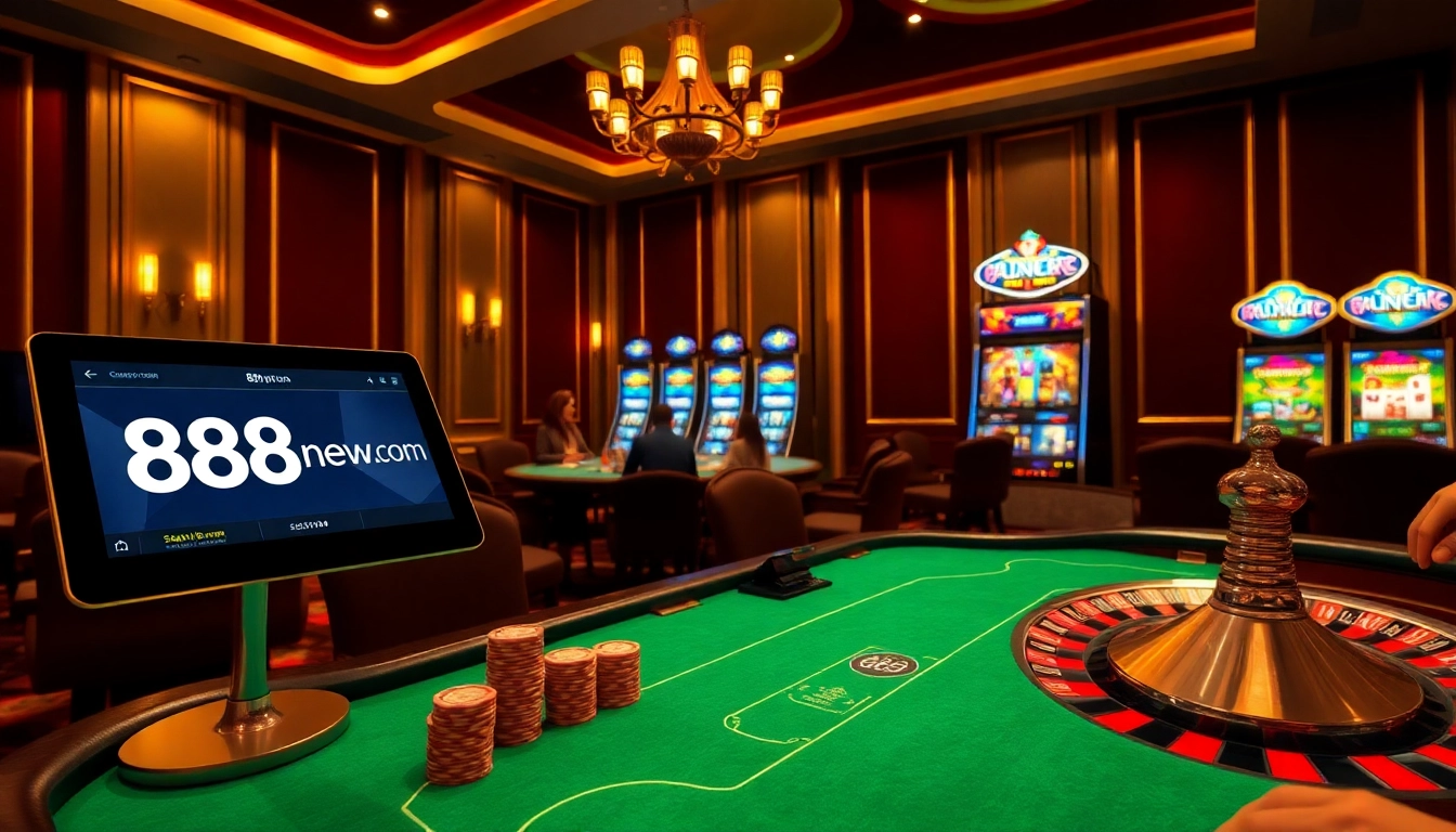 Engaging casino scene with poker players and interactive 888new.com tablet interface.