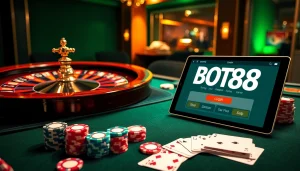 Experience the excitement of BOT88 LOGIN at a glamorous casino table filled with poker chips and cards.