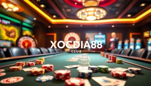 Engaging gaming action at XOCDIA88 CLUB casino table with vibrant chips and cards.