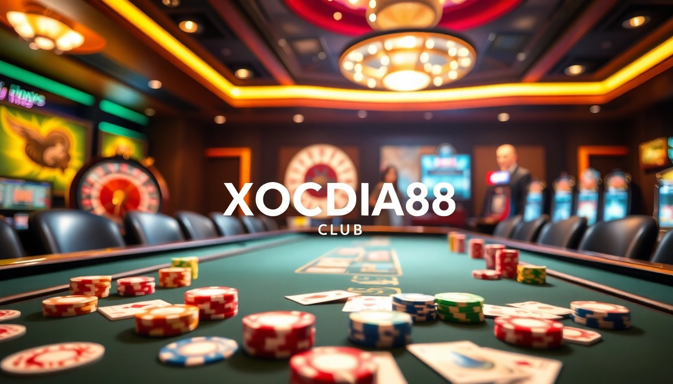 Engaging gaming action at XOCDIA88 CLUB casino table with vibrant chips and cards.