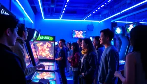 A young adult playing an interactive 18+ AI game in a futuristic arcade, surrounded by vibrant neon lights and high-tech gaming stations.