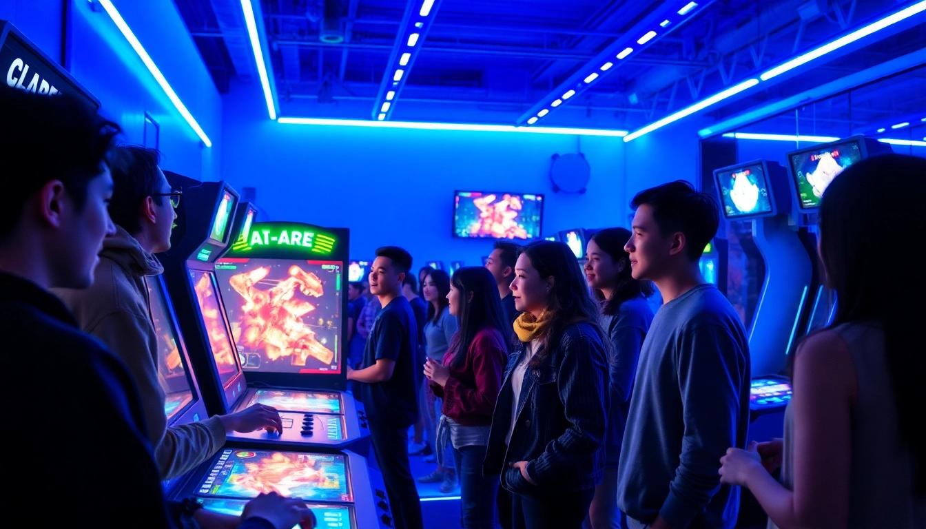 A young adult playing an interactive 18+ AI game in a futuristic arcade, surrounded by vibrant neon lights and high-tech gaming stations.